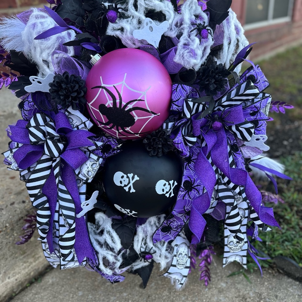 Purple and Black Halloween Wreath with Spider and Skull Ornaments